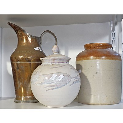 Stoneware Crock Copper Jug and Pottery Lidded Canister