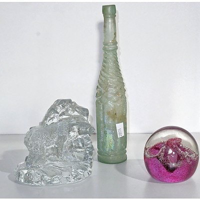 Studio Glass Paper Weight, Polar Bear and Early Glass Bottle