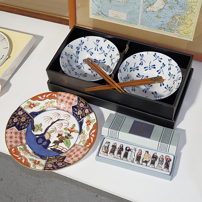 Hand Painted Imari Plate, Boxed Bowl and Chopstick Set, and Boxed Japanese Miniature Figurines