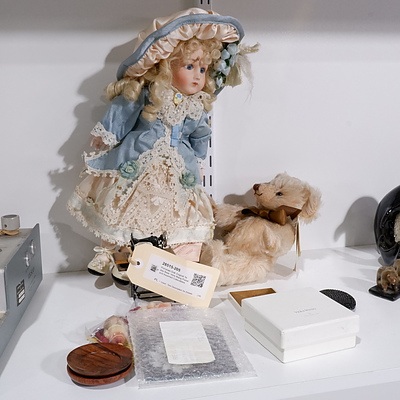 Porcelain Doll, English Teddy Bear, Vera Wang Purse and Assorted Collectibles