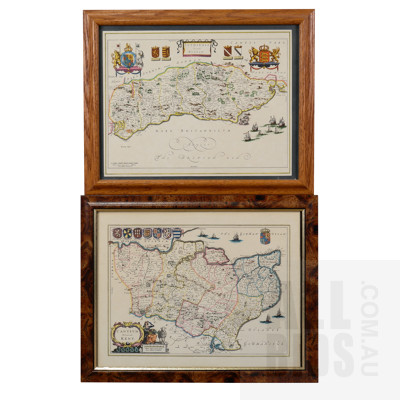 Two Framed Reproduction Maps; Sussex & Kent, Each 30 x 38 cm (2)