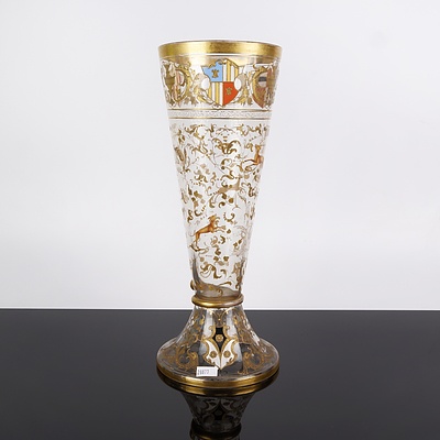Impressive 19th Century Enamelled and Gilded Glass Armorial Beaker or Celery Vase, Possibly Moser