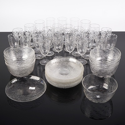 Suite of Victorian Hand Blown Glassware with Cut and Engraved Floral Decoration