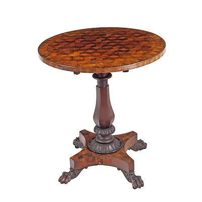 George IV Tilt-Top Wine Table of Australian Interest the Specimen Timbers Marquetry Top Including Botany Bay Beefwood (Casuarina) Circa 1825-30