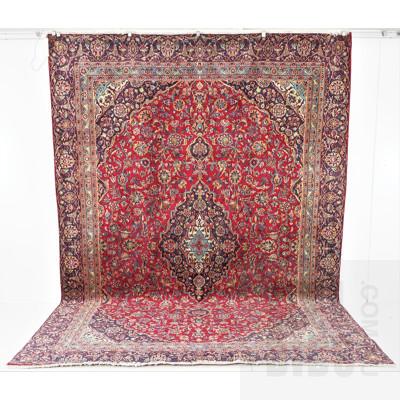 Large Room Sized Persian Kashan Hand Knotted Wool Pile Carpet with Classic Book Cover Design and Shah Abbas Border
