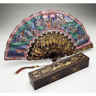 Fine Chinese Export Lacquer and Ivory Embellished Brise Fan with Original Box Circa 1900