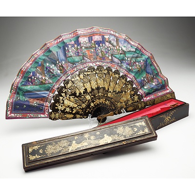 Fine Chinese Export Lacquer and Ivory Embellished Brise Fan with Original Box Circa 1900