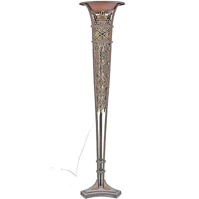 Superb Period Art Deco Hammered Wrought Iron Torchiere Floor Lamp Inset with Cast Filigree Panels, Circa 1920s