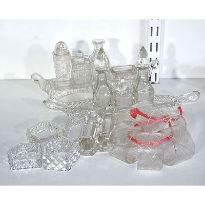 Collection of Cut Crystal and Glass Condiment Pieces and Napkin Rings