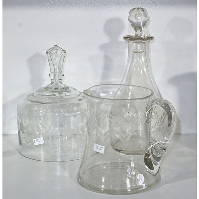 Crystal Jug and Cheese Dome and Etched Glasses Lidded Decanter
