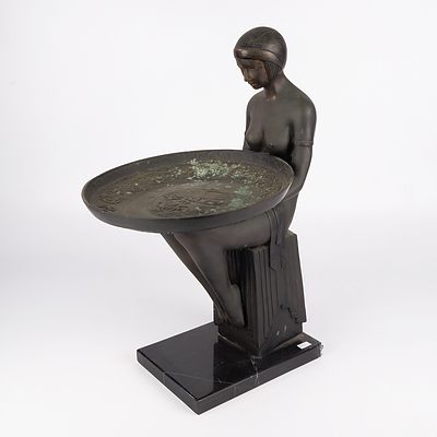 Max Le Verrier (French 1891-1973) Attributed, Large Art Deco Bronze Figural Dish or Card Tray on a Black Marble Socle