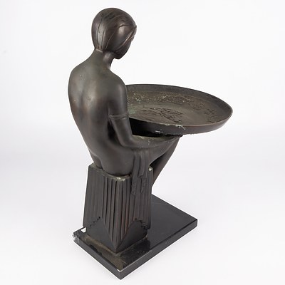 Max Le Verrier (French 1891-1973) Attributed, Large Art Deco Bronze Figural Dish or Card Tray on a Black Marble Socle