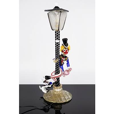 Superb Italian Murano Glass Lamp of a Clown Swirling on a Light Pole with a Dog at His Feet