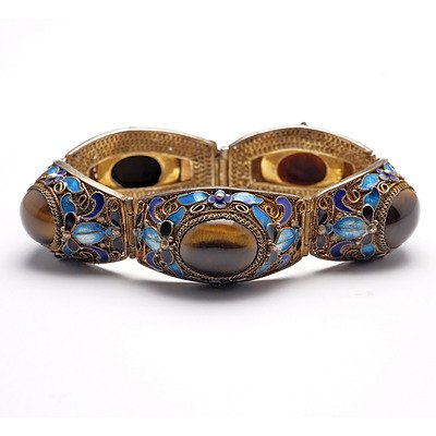 Chinese Silver Gilt, Enamel and Tigers Eye Bracelet