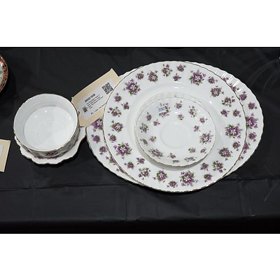 Two Royal Albert 'Sweet Violets' Cake Plates, Sugar Bowl, Two Saucers and Small Dish