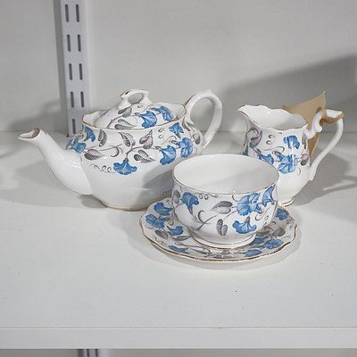 Royal Albert 'Morning Glory' Teapot, Creamer, Sugar Bowl and Plate