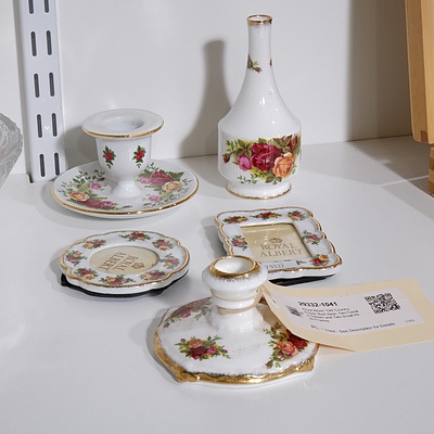 Royal Albert 'Old Country Roses' Bud Vase, Two Candle Holders and Two Small Photo Frames