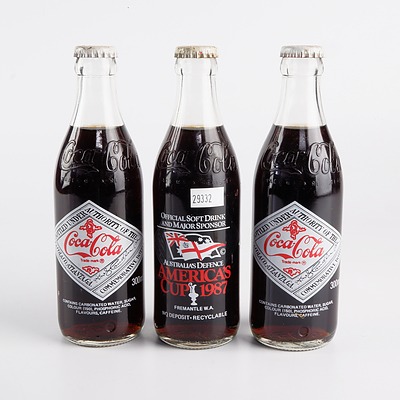 Three 1987 Americas Cup Coca Cola Commemorative Bottles - 300ml with Contents