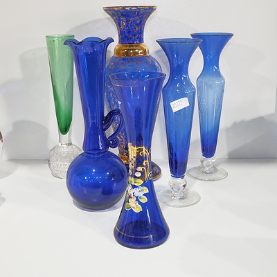 Six Vintage Coloured Glass Vases, Including Venetian