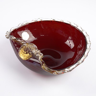 Vintage Ruby Murano Glass Bowl with Gold Fleck Trim
