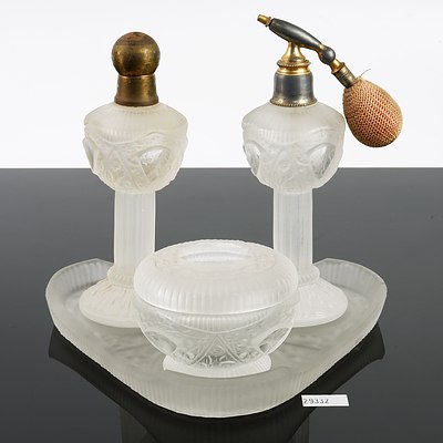 Art Deco Frosted Glass Dressing Table Set - Atomiser, Tray and Lidded Bowl - Circa 1920s