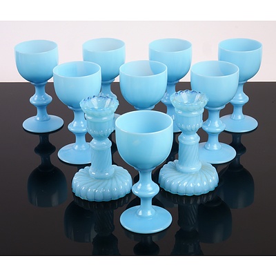 Eight French Portieux Vallerysthal Blue Opaline Port Goblets and Two Small Candlesticks, Circa 1930s