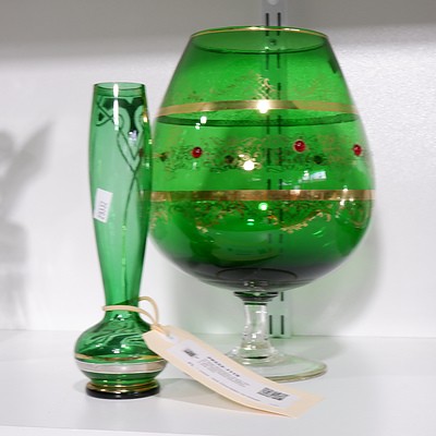 Vintage Bohemian Green Glass Oversized Brandy Balloon with Red Glass Adornments and Vase