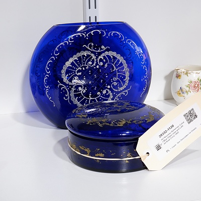 Art Nouveau Bohemian Cobalt Blue Glass vase and Lidded Bowl Circa 1900