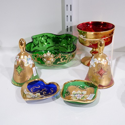 Vintage Venetian Glass Bowl, Goblet, Two Bells and Two Pin Dishes