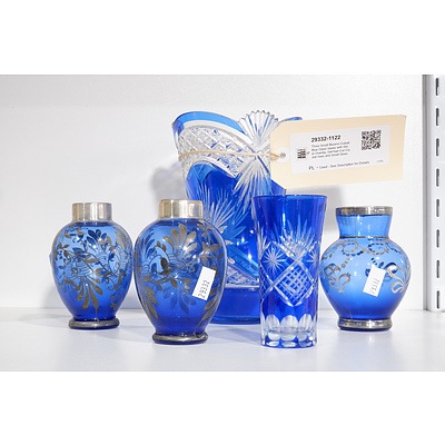 Three Small Murano Cobalt Blue Glass Vases with Silver Overlay, German Cut Crystal Vase and Small Glass