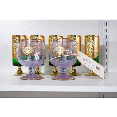 Five Venetian Glass Goblets and Two Purple Brandy Balloons