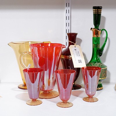 Vintage Bohemian Glass Decanter, Ruby Glass Decanter (No Lid), Two Coloured Glass Water Jugs and Three Glasses