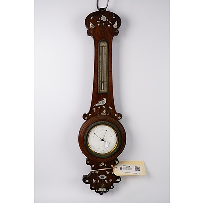 Vintage Mahogany Mounted Barometer with Decorative Mother of Pearl and Brass Inlay