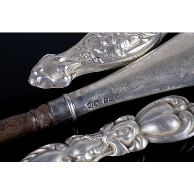 Three Sterling Silver Boot Hooks, Including One with Art Nouveau Handle