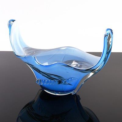 Vintage Blue Art Glass Boat Vase