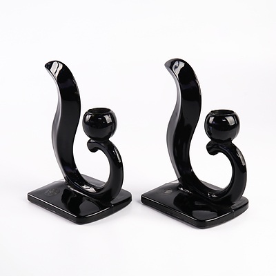 Pair of Dalzell Viking of USA Black Glass Candle Holders