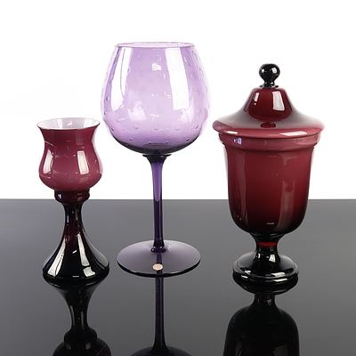 Vintage Italian Purple Oversized Glass Brandy Balloon, Cased Cranberry Glass Vase and Canister