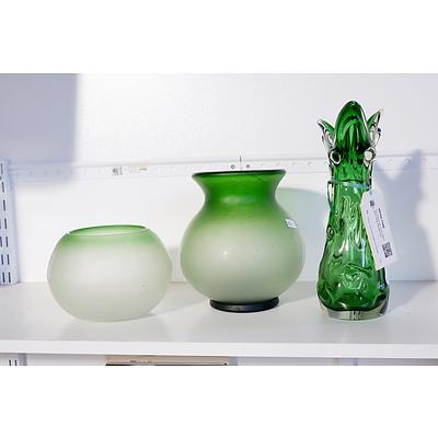 Two Green Art Glass Vases and a Slag Swung Vase
