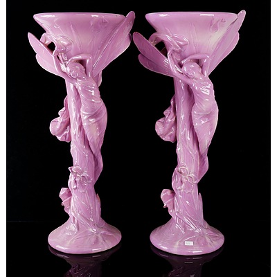 Impressive Pair of French Art Nouveau Majolica Glazed Figural Dragonfly Nymph Vases Circa 1900, Probably by Massier
