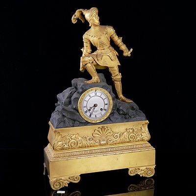 French Napoleon III Bronze and Gilt Bronze Chiming Mantle Clock Surmounted by a Medieval Knight, Movement Marked Raingo Freres Paris, 19th Century