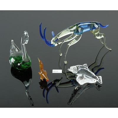 Hadeland of Norway Glass Fish Paperweight, Hokitika Glass Swan, Murano Gazelle and Murano Uranium Glass Miniature