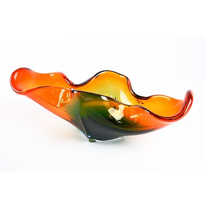 Mid Century Murano Glass Orange and Green Boat Vase