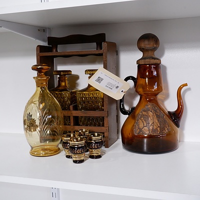 Retro Timber Tantalus with Amber Glass Decanters, Amber Glass Wine Jug, Decanter and Four Small Gilt Glasses