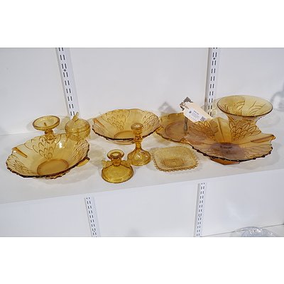 Victorian Amber Pressed Glass Cake Stand, Candle Holder, Two Comports, Dish and Lidded Candy Bowl