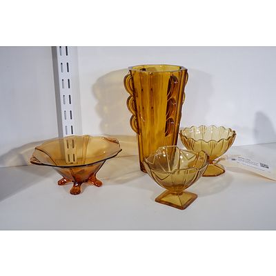 Group of Vintage Amber Glass Bowls, Fruit Bowl, Vase and Two Dessert Comports