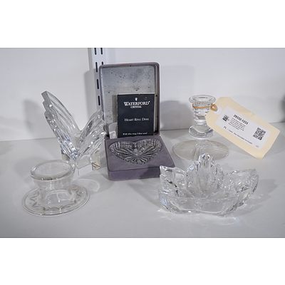 Small Stuart Crystal Vase, Candle Holder, Waterford Crystal Heart Ring Dish and Marquis Leaf Dish and Mikasa Candle Holder