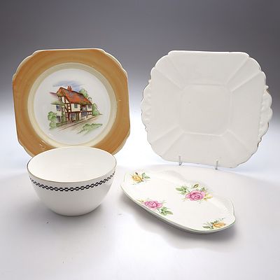 Shelley White Cake Plate, Deco Sugar Bowl (Rg No. 10816/6), Mint Dish and Old England Plate