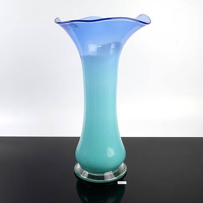 Large Aqua and Cobalt Blue Art Glass Vase Signed by Tricia Allen