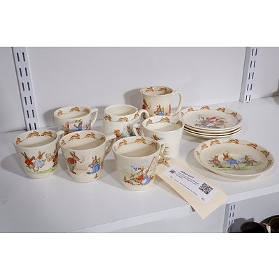 Five Royal Doulton Bunnykins Cups and Saucers with Two Mugs