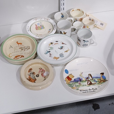 Large Group of Vintage Children's Cups and Saucers, Bowls and Plates, Including Wedgwood, Royal Albert and Royal Doulton